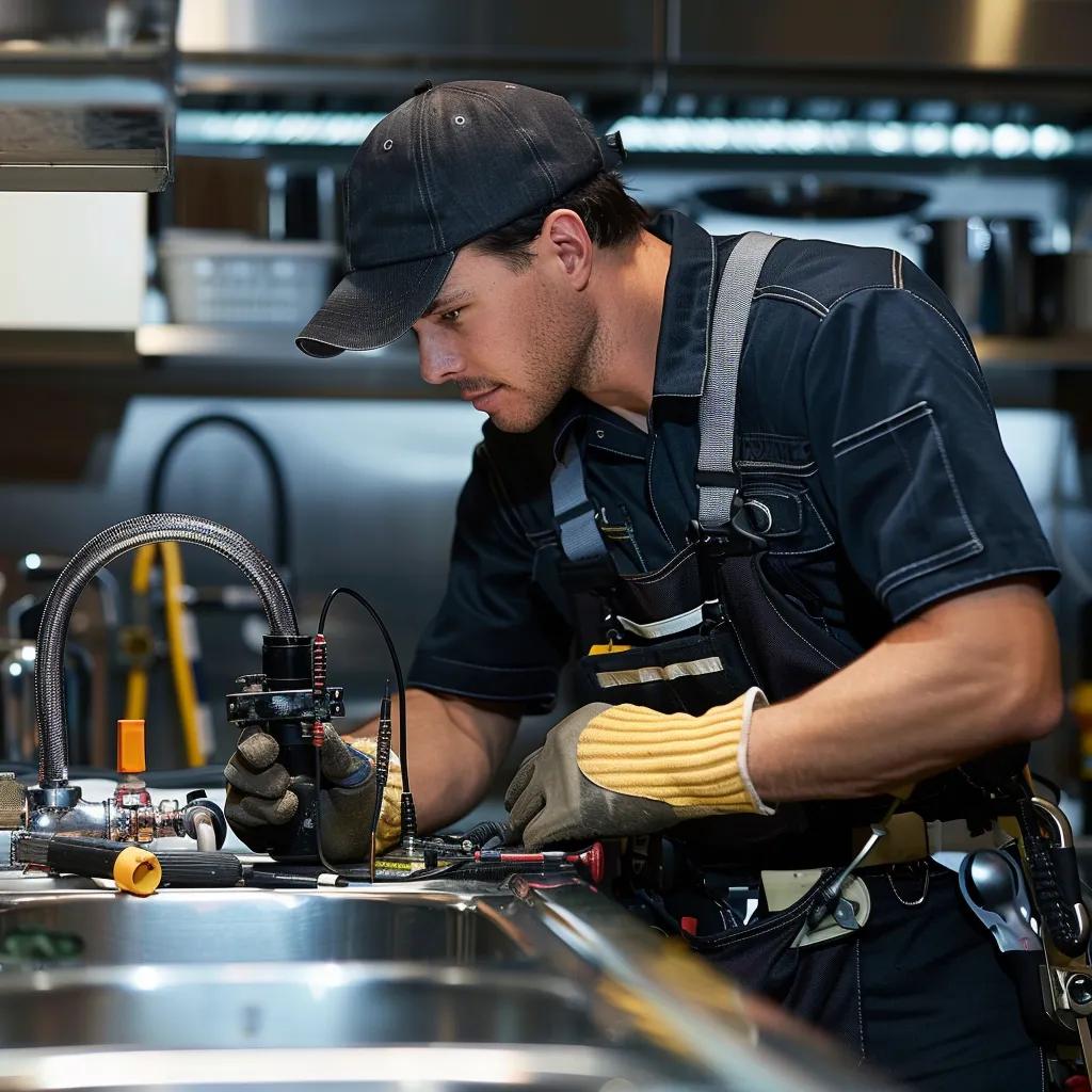 Plumber working on industrial plumbing fixtures in a commercial kitchen setting, showcasing expertise in plumbing services.