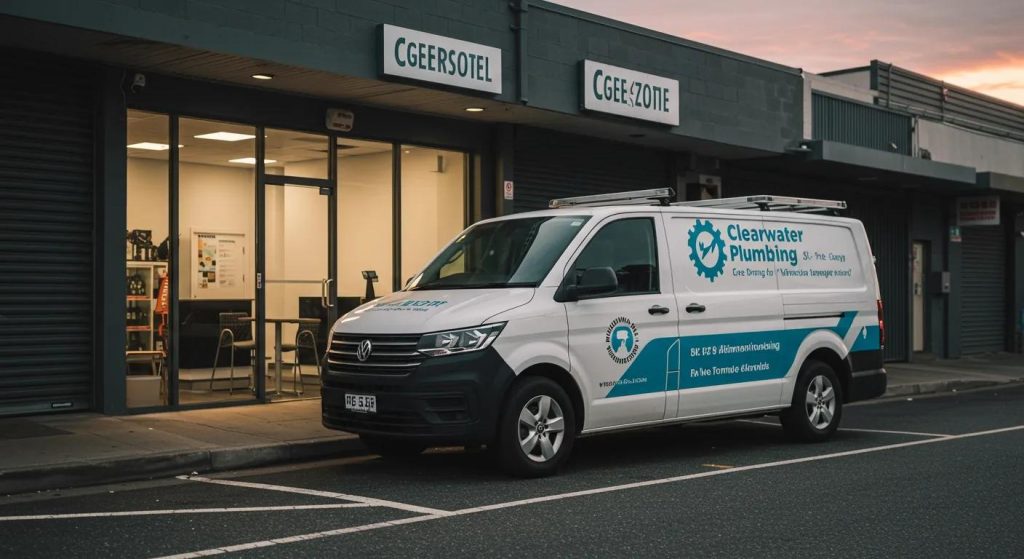 a focused urban image captures a modern clearwater plumbing van parked outside a bustling glenmore park business, its striking logo prominently displayed against a backdrop of sleek commercial buildings, emphasising the professionalism and reliability of local plumbing services.