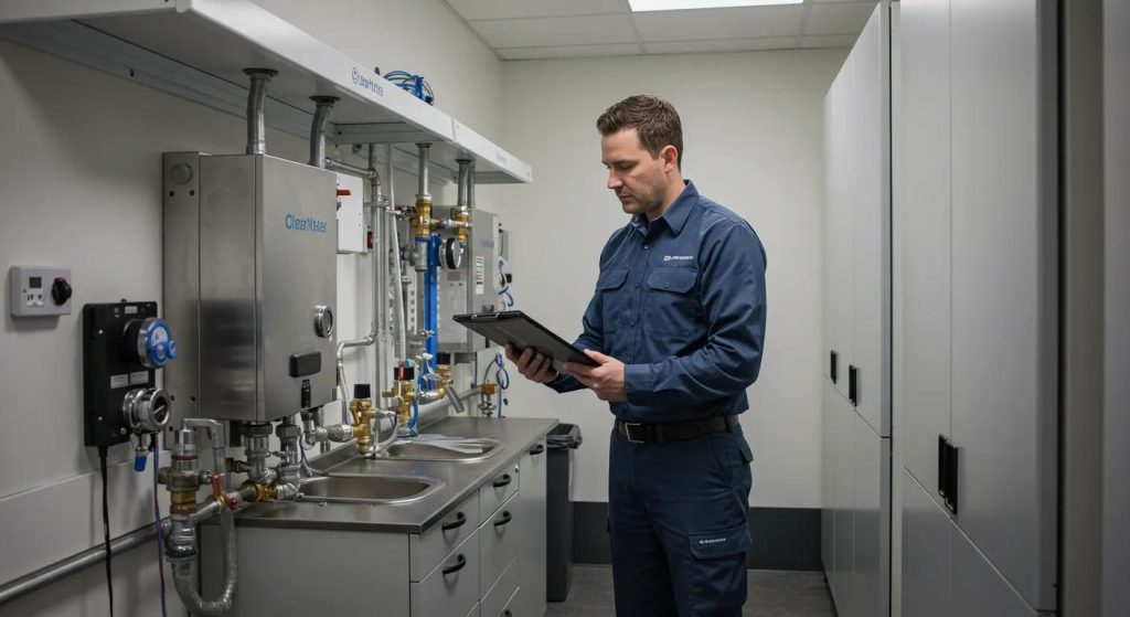 a modern office environment showcases a professional plumber in action as they expertly diagnose a complex plumbing issue, surrounded by sleek commercial fixtures and high-tech equipment, conveying the reliability and expertise of clearwater’s services for box hill businesses.