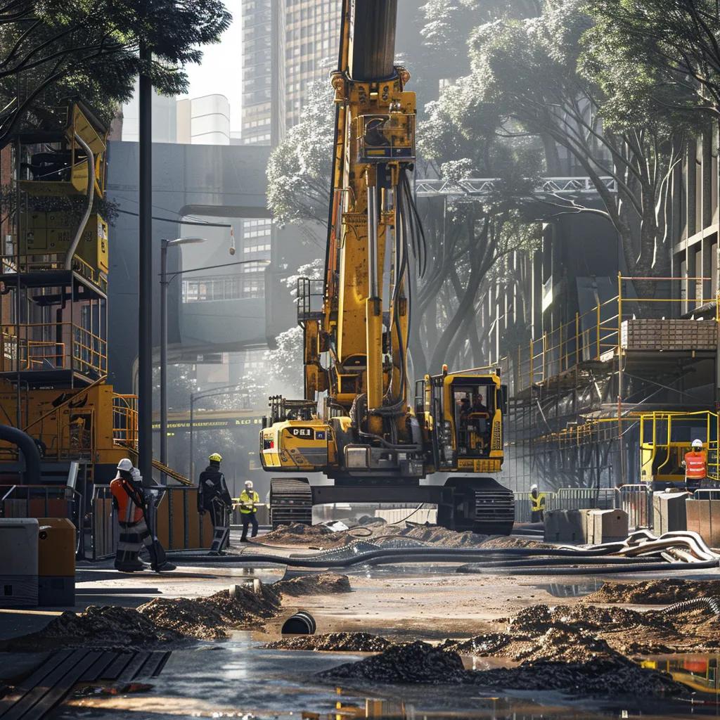 Construction site in Sydney with heavy machinery, including a large yellow boring rig, workers in safety gear, and urban infrastructure visible, highlighting industrial plumbing and civil engineering services.