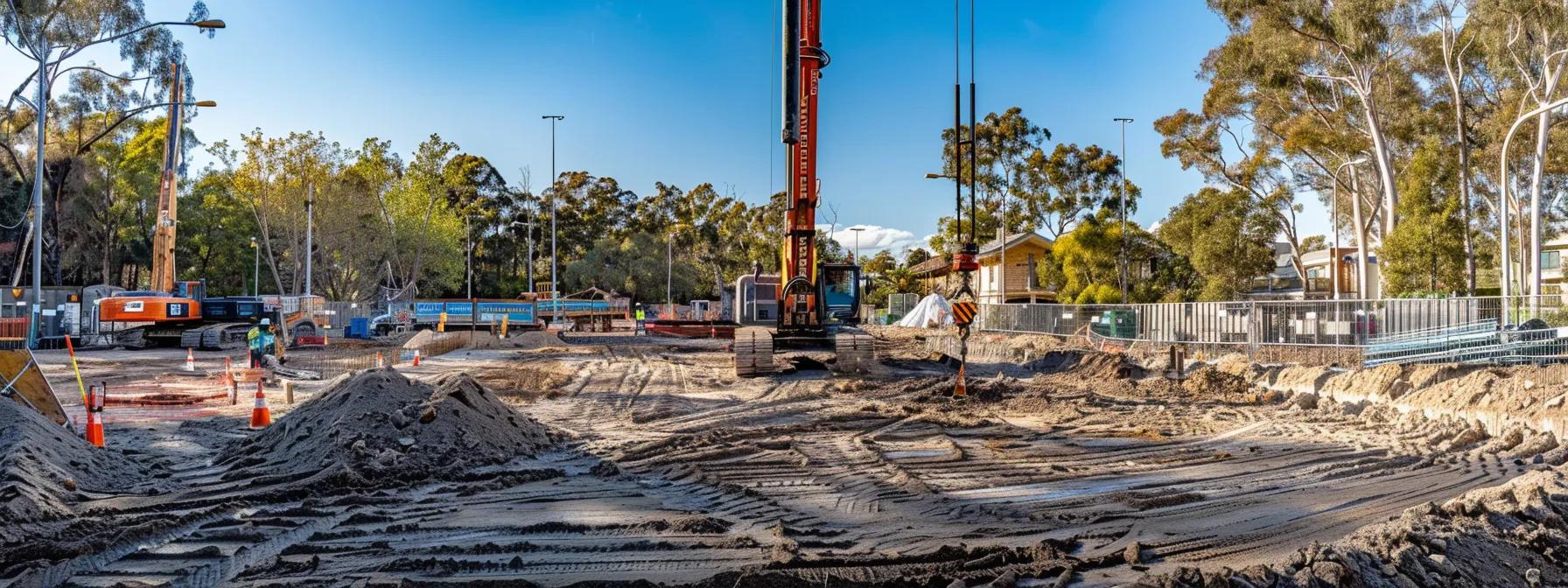 a bustling urban construction site in glenmore park showcases advanced drilling equipment in action, with cleanly finished road sections contrasting against ongoing work, emphasising the swift project completion that minimizes disruption and enhances community life.