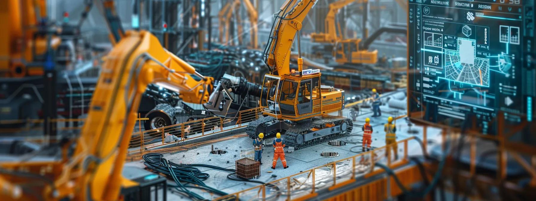 a bustling urban construction site showcases workers in vibrant personal protective equipment, surrounded by sophisticated drilling machinery, while automated monitoring screens display real-time safety data.