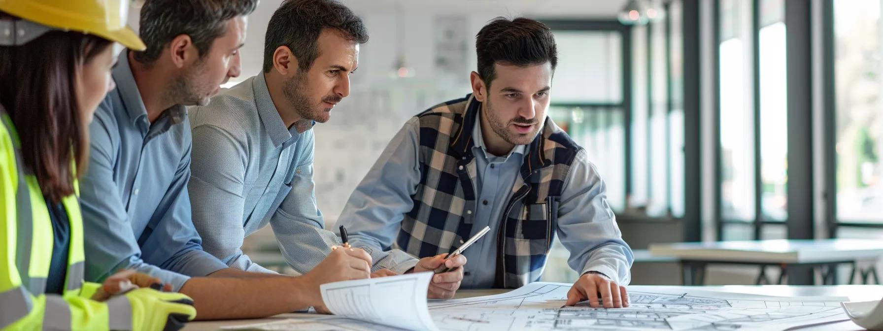 a clear and professional office environment featuring a confident contractor discussing under road boring services with a team, surrounded by blueprints and project plans that highlight their expertise and reliability in utility installations in glenmore park.
