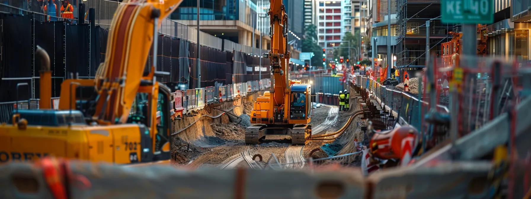 a close-up of a thriving urban construction site in sydney, showcasing advanced under road boring machinery in action, surrounded by bustling workers and city infrastructure elements.