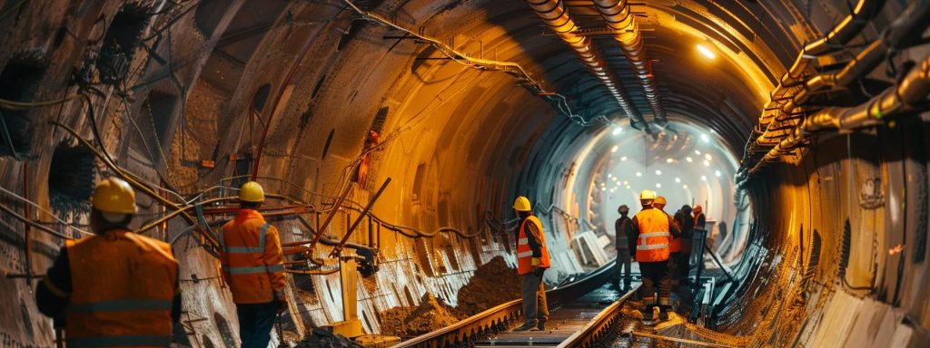 a close-up view of a sophisticated directional boring machine operating underground, with engineers monitoring the seamless installation process from a modern urban construction site above, emphasising precision and innovation in infrastructure.