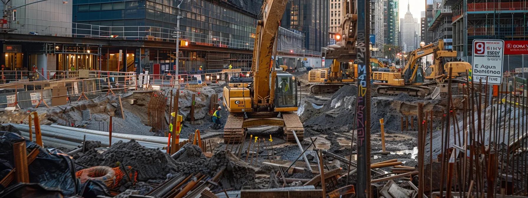 a detailed urban construction site showcases bold machinery engaged in under-road boring, framed by clear safety signage and a backdrop of bustling city infrastructure, illustrating the regulatory requirements and operational complexity of such projects.