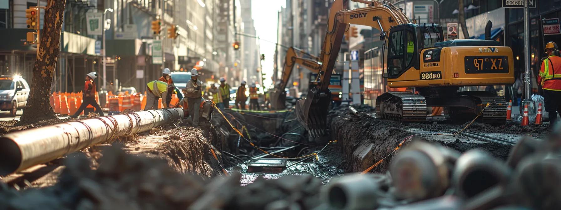 a dynamic urban construction scene showcasing advanced under road boring equipment in action as workers expertly install a gas pipeline beneath a bustling city street, with safety measures prominently displayed.