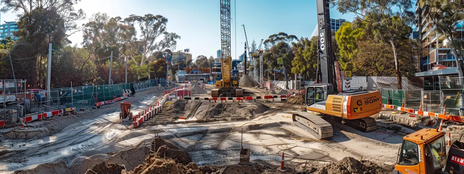 a dynamic urban construction site in box hill showcases advanced horizontal directional drilling equipment, surrounded by completed projects that highlight the efficiency and innovation of under road boring technology.