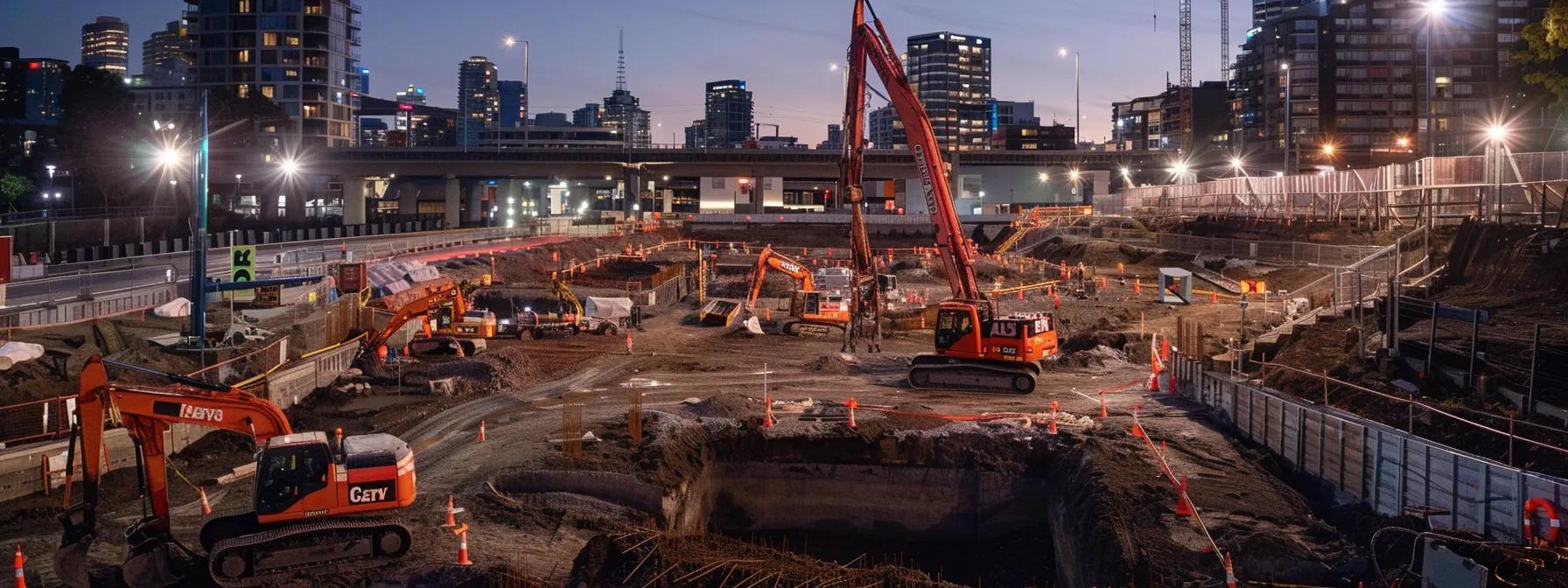 a dynamic urban construction site in belmore, showcasing clearwater's directional boring equipment in action amidst modern infrastructure, with workers coordinating efficiently under bright overhead site lights and city buildings in the background.