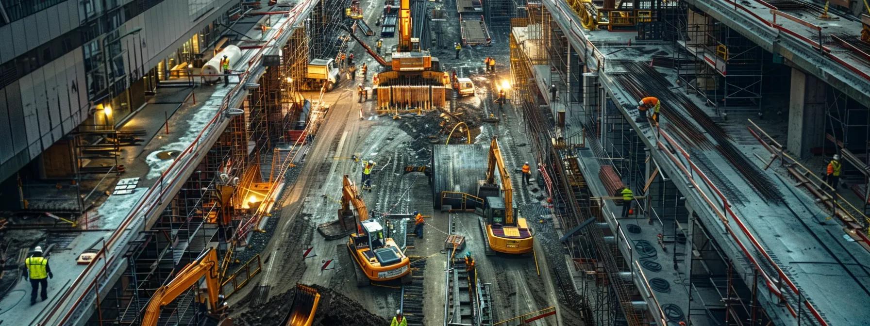 a dynamic urban construction site showcases advanced under road boring technology in action, with workers efficiently managing utility placements beneath bustling city streets, reflecting the seamless integration of infrastructure development and minimal disruption to traffic.
