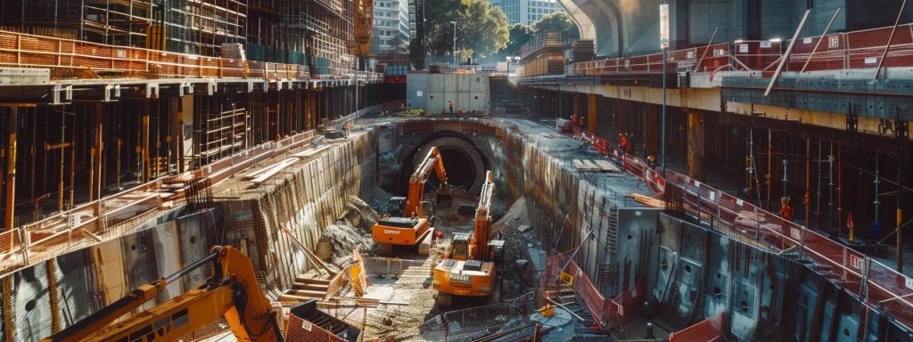 a dynamic urban construction site in sydney features advanced underground boring machinery at work, showcasing the sleek technology and efficiency behind infrastructure development in a bustling metropolitan environment.
