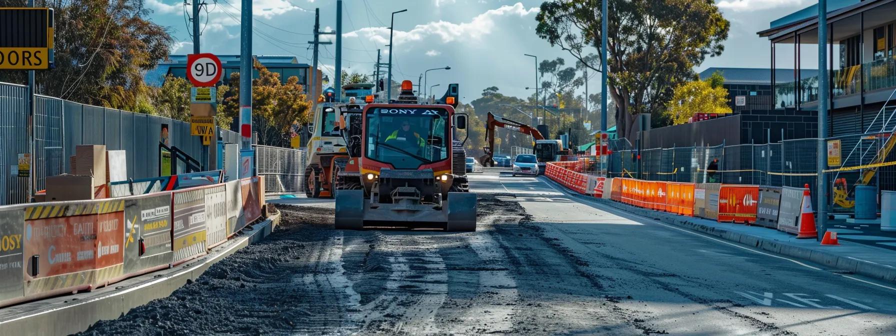 a dynamic urban scene showcases a cutting-edge under road boring machine in action in pitt town, surrounded by modern infrastructure and utilitarian buildings, emphasising the advanced technology and efficiency that underpins contemporary construction projects.