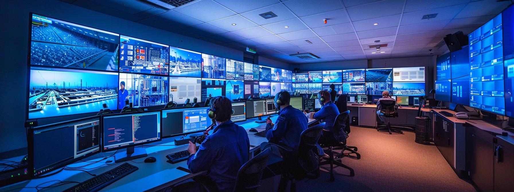 a high-tech control room filled with glowing screens and sophisticated tracking equipment, showcasing operators monitoring directional boring equipment in a bustling urban environment, emphasising precision and safety in utility installation.