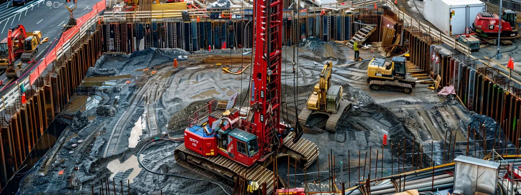 a high-tech drilling rig is depicted at a bustling urban construction site, surrounded by advanced equipment and machinery, with precision sensors and gps systems visibly integrated, showcasing the complexities of under road boring installations in an industrial setting.
