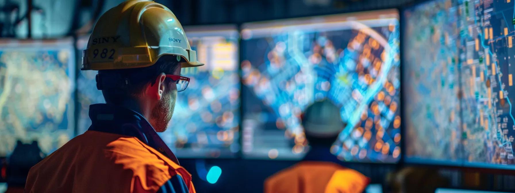 a high-tech drilling operation in an urban environment showcases engineers closely monitoring a digital display of advanced mapping systems, ensuring precise navigation around a complex network of underground utilities.