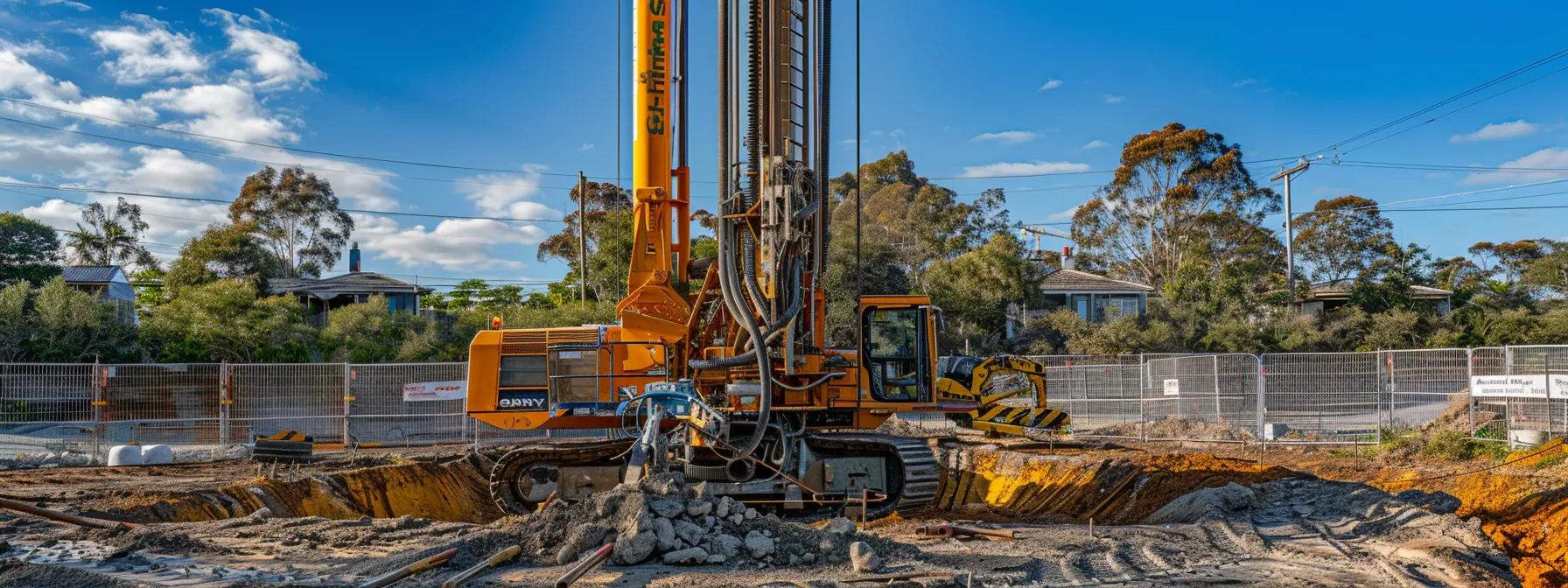 a high-tech directional boring rig stands prominently in an urban construction site, showcasing precision equipment and digital monitoring systems amidst the backdrop of pitt town's architecture, emphasising advanced engineering in action.
