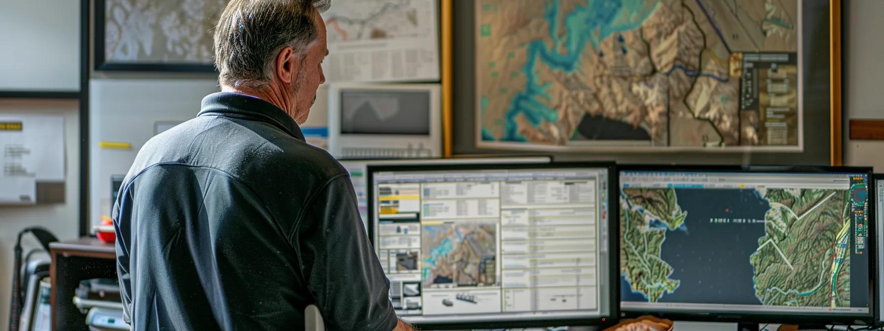 a knowledgeable engineer in a professional office setting stands before a detailed geological map of pitt town, examining the complex layers and regulations that impact directional boring projects, with blueprints and technical equipment prominently displayed around.