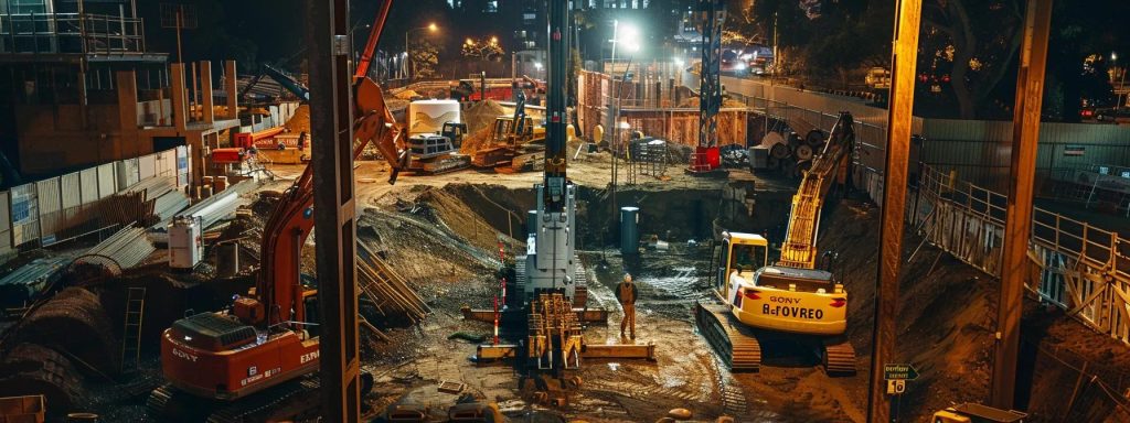 a meticulously arranged construction site in belmore, showcasing state-of-the-art directional boring equipment in action, with clearwater branding visible on machinery, all under the warm glow of floodlights illuminating the urban surroundings.