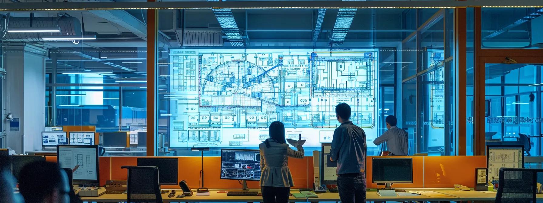 a modern engineering office scene showcasing a large screen displaying intricate diagrams and plans of directional boring projects, with engineers and project managers engaged in discussion surrounded by high-tech tools and blueprints.