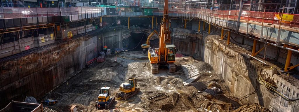 a modern trenchless technology operation takes centre stage in a bustling urban environment, featuring advanced machinery at work underneath a well-lit, expertly configured excavation site.