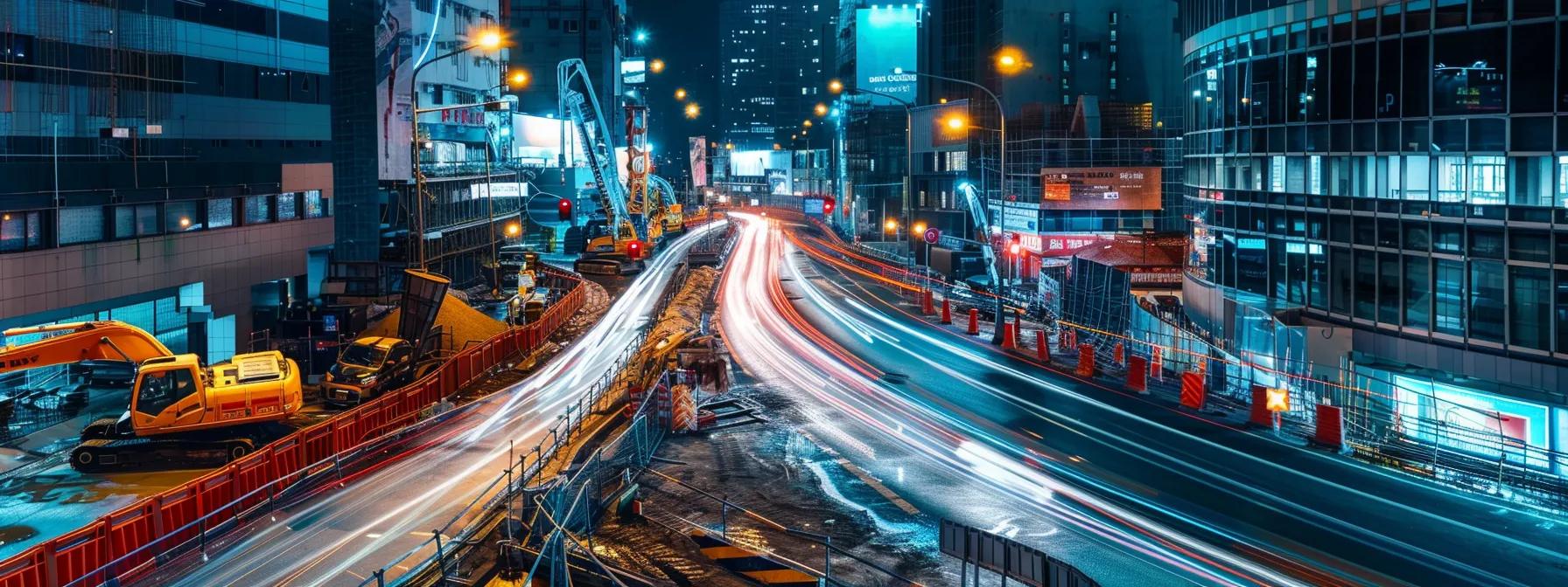 a modern urban construction site showcases a sleek trenchless technology operation, with advanced machinery performing horizontal directional drilling beneath a bustling road, illuminated by bright worksite lights against a backdrop of busy traffic.