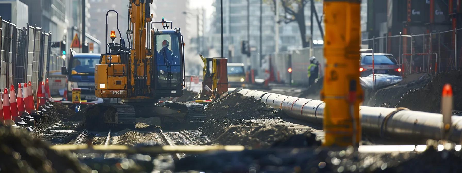 a modern urban scene captures the precision of trenchless technology as sophisticated drilling machinery operates quietly beneath a road, with clear markers indicating underground surveys and freshly installed, sealed water and gas lines ensuring safety and efficiency.