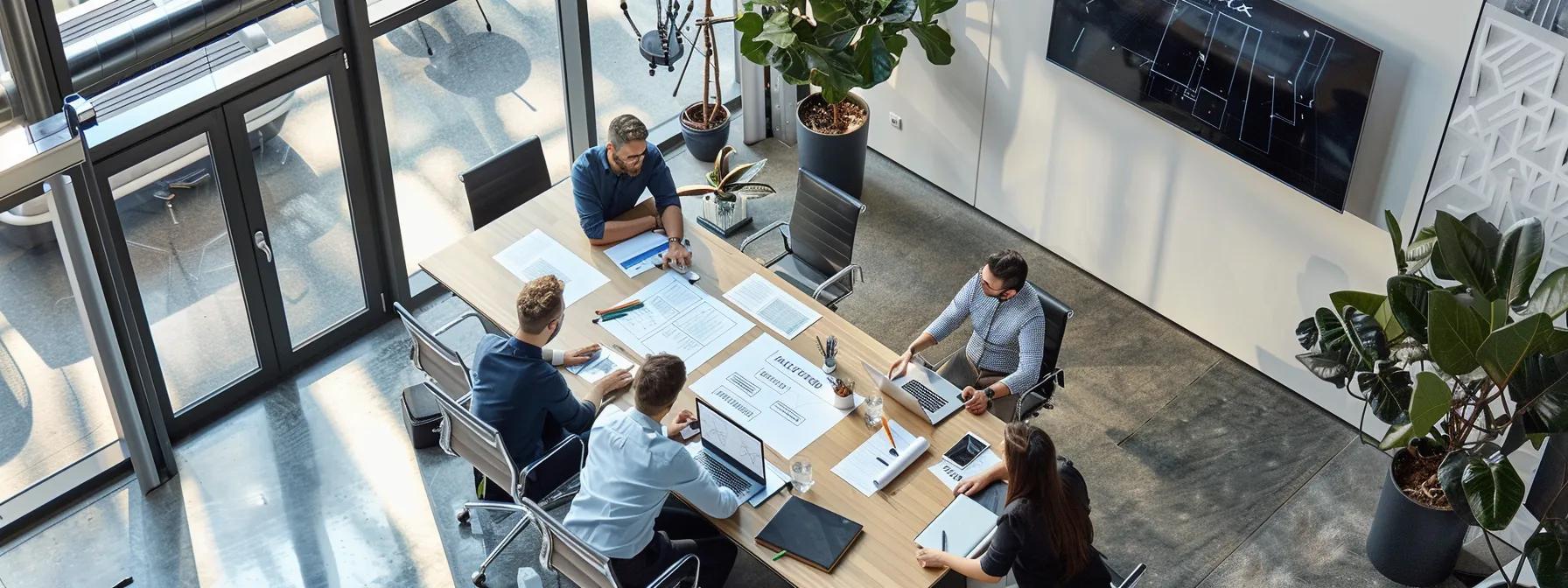 a modern urban workspace showcases a team of professionals engaging in a strategic planning session around a sleek conference table, with blueprints and advanced drilling technology displayed prominently, reflecting the efficiency and precision of under road boring services.