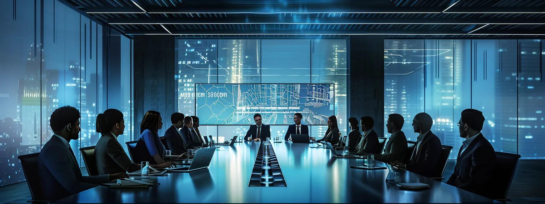 a professional office environment featuring a sleek conference table surrounded by attentive individuals engaged in a discussion about under road boring, illuminated by modern overhead lighting that casts a clear focus on a detailed technical diagram displayed on a screen.