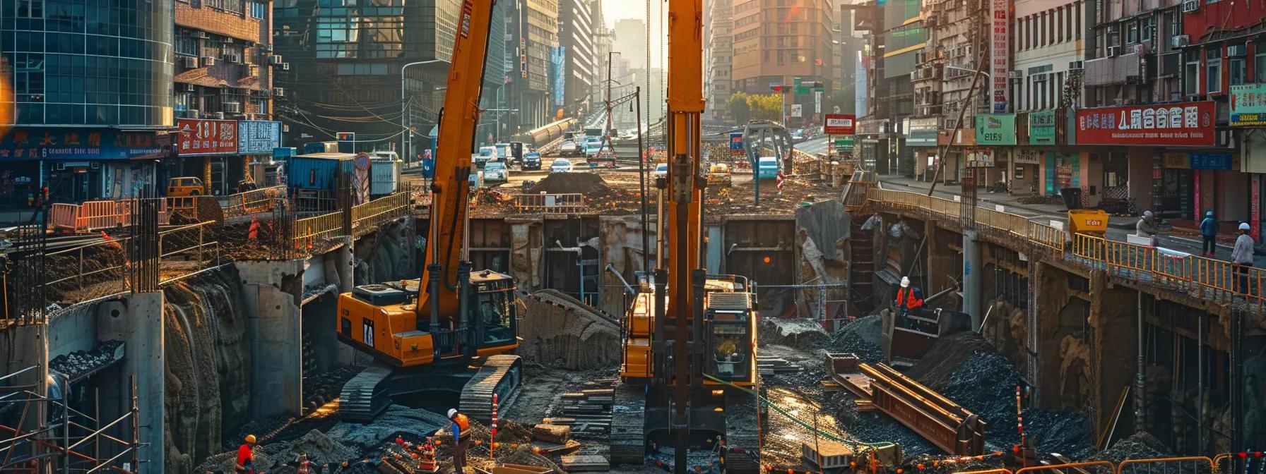 a sleek, high-tech urban construction site showcases engineers operating advanced trenchless drilling equipment amid a bustling city landscape, highlighting the precision and efficiency of cutting-edge under road boring technologies.