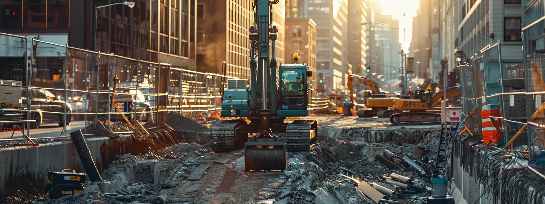 a sleek, modern construction site showcases a skilled technician operating a sophisticated directional boring machine, demonstrating minimal surface disruption with only small entry and exit points amidst the bustling urban landscape.
