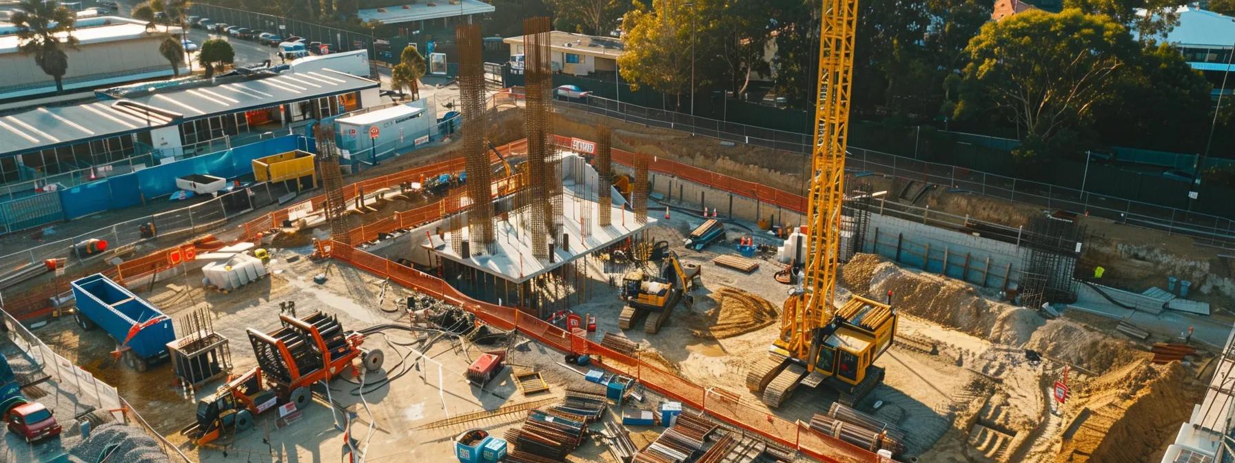a sleek, modern construction site in belmore showcases clearwater's advanced directional boring equipment, emphasising efficiency and professionalism against a backdrop of organised machinery and safety signage.