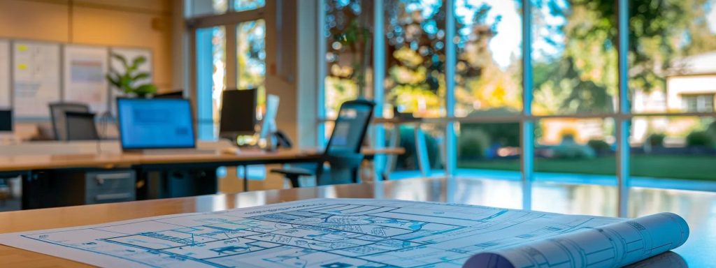 a sleek, modern office environment featuring detailed architectural drawings and digital blueprints of stormwater easements prominently displayed on a conference table, conveying innovative solutions for residential and commercial projects.