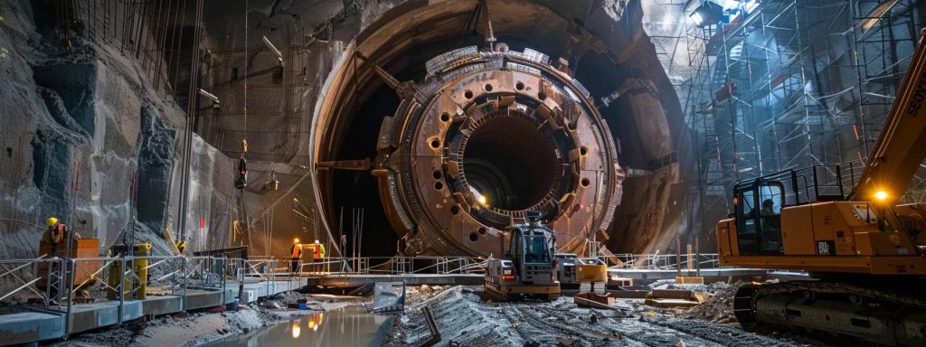 a sleek, modern underground boring machine in action beneath the urban landscape of box hill, showcasing its advanced technology and precision, surrounded by construction equipment and a well-coordinated team of professionals at work.