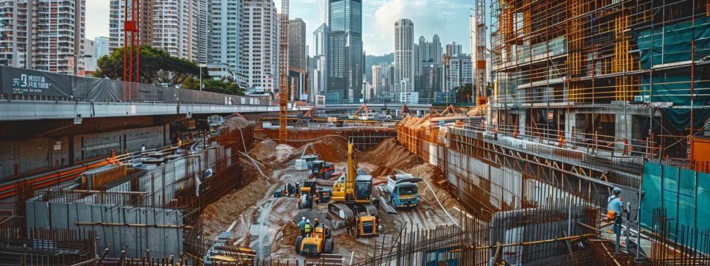 a sleek, modern urban construction site bustling with sophisticated machinery and engineers in hard hats, showcasing the advanced directional boring process used to develop trenchless infrastructure beneath the cityscape.