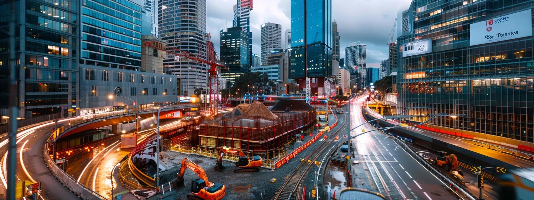 a sleek urban construction site in sydney, showcasing advanced under road boring machinery at work beneath a bustling road, with skyscrapers and busy traffic in the background, highlighting the innovative approach to infrastructure projects.