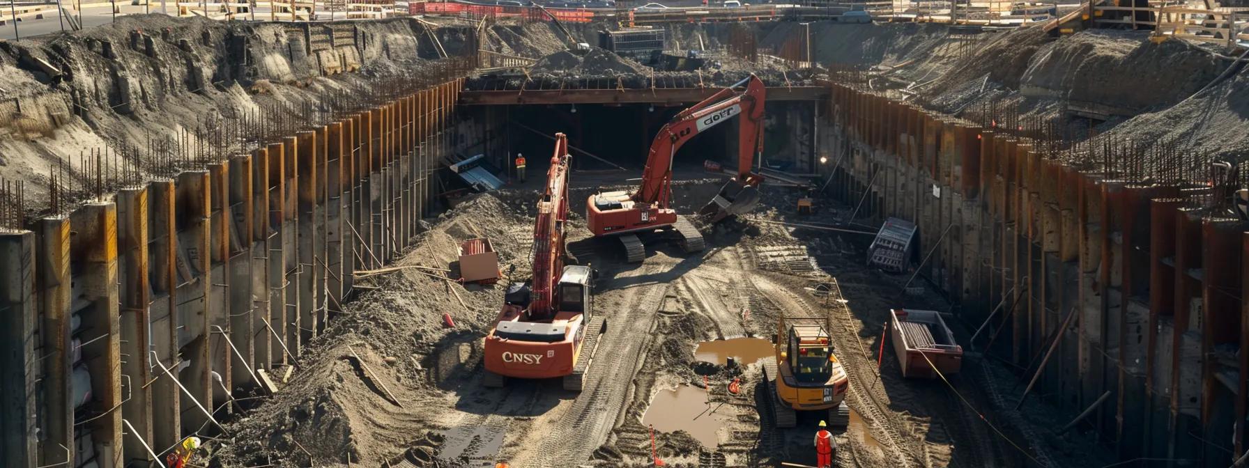a sleek urban construction site showcases directional boring equipment efficiently operating with minimal surface disruption, spotlighting strategically placed entry and exit points amidst a carefully preserved landscape.