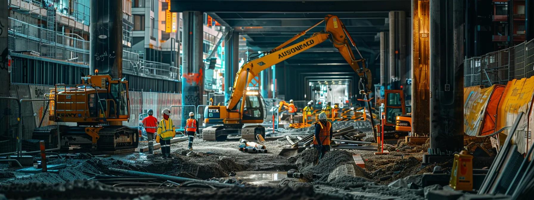 a sleek urban construction site in sydney showcases heavy machinery engaged in under road boring, with workers in safety gear orchestrating the operation against a backdrop of bustling city infrastructure.