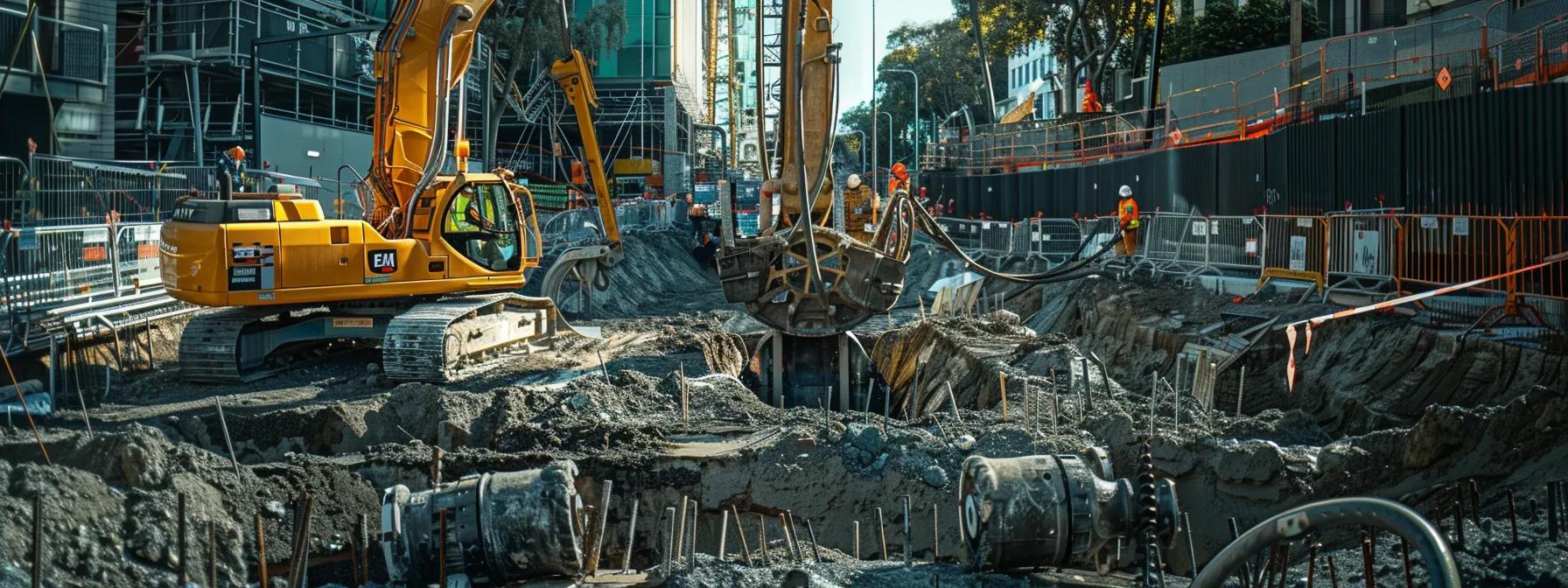 a sleek urban construction site in box hill, showcasing a powerful under road boring machine in action as it efficiently digs beneath asphalt, surrounded by expert engineers monitoring the operation.