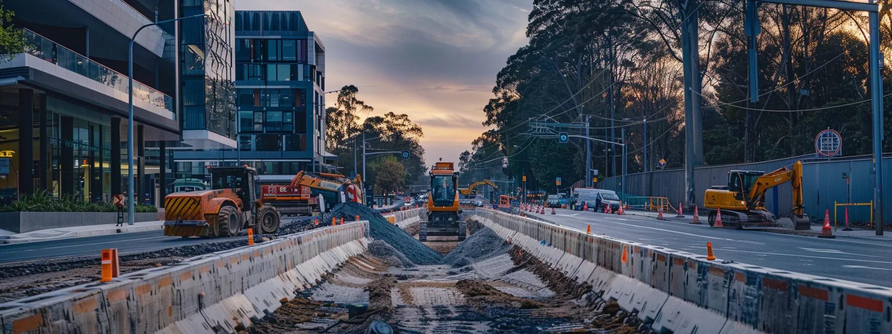 a sleek urban streetscape in box hill showcases a residential road undergoing under road boring, featuring specialised machinery efficiently tunnelling beneath the street, with minimal disruption to the surrounding area and a tidy, modern aesthetic.
