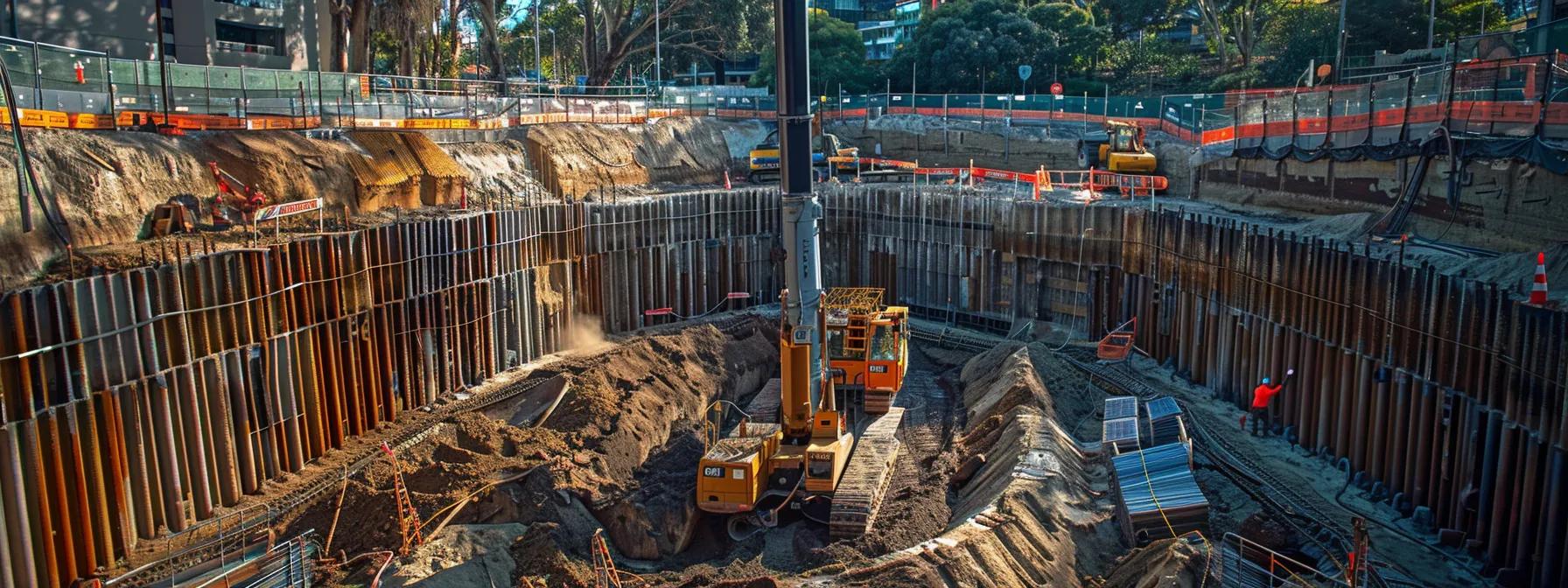 a sophisticated urban construction site in menangle park, featuring advanced directional boring equipment in action, with technicians focused on their work, demonstrating a seamless blend of modern technology and urban infrastructure development.