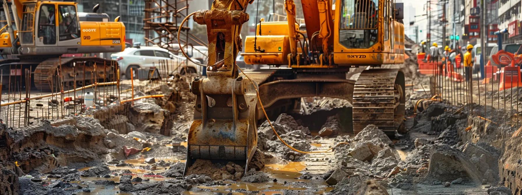 a trenchless auger boring machine operates efficiently in an urban construction site, expertly drilling through soft soil while surrounded by busy city infrastructure, showcasing its effectiveness in minimizing traffic disruption and supporting sustainable project completion.