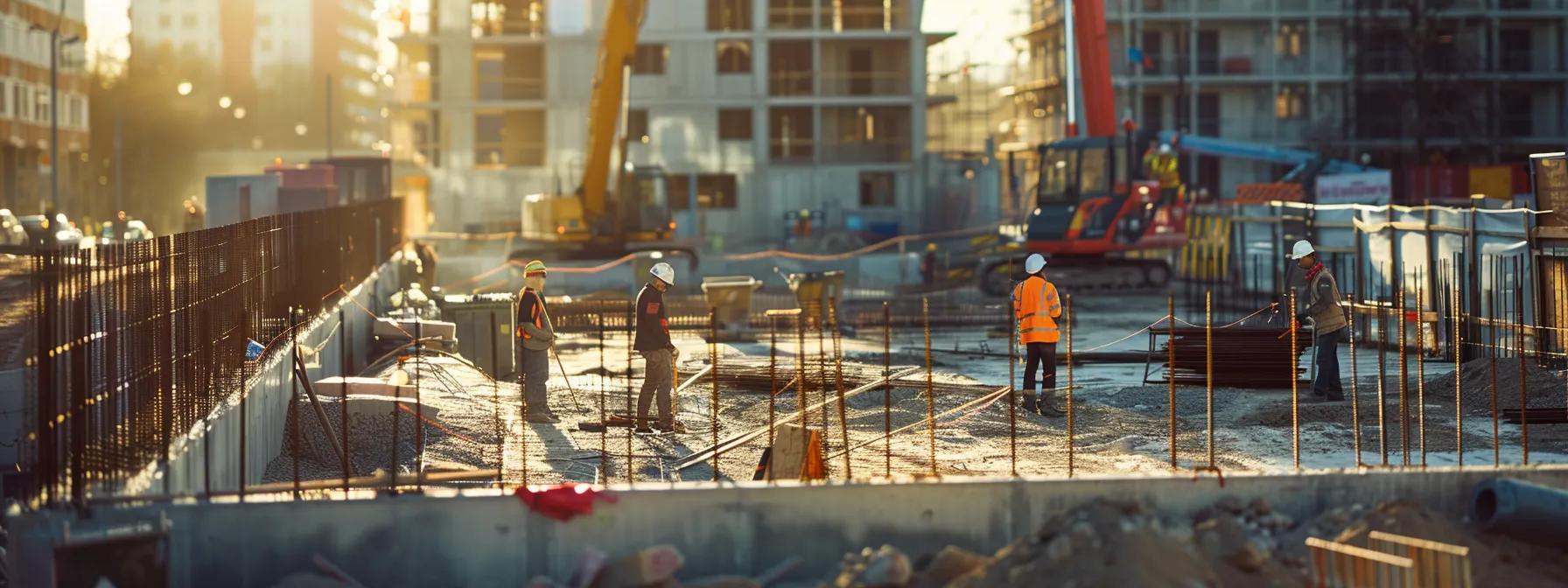 an authoritative urban setting showcasing a construction site with workers discussing safety protocols and regulatory blueprints, emphasising the importance of compliance for under-road boring projects in a bustling town.
