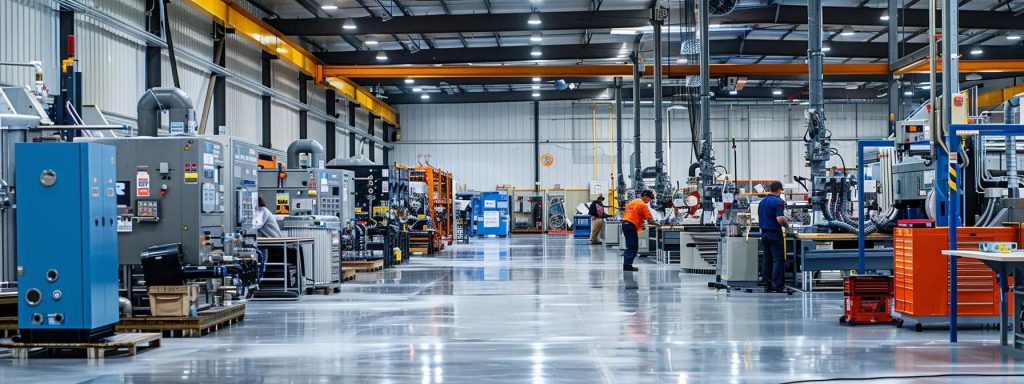 an impressive commercial plumbing workshop on the northern beaches showcases skilled technicians expertly working on advanced plumbing systems, illuminated by bright overhead lights that emphasise the clean, professional environment.