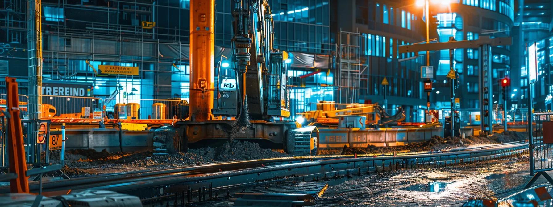 an urban construction site featuring a sleek directional boring machine in action, surrounded by clear signage indicating pricing details and project specifications, illuminated by strong artificial lighting to emphasise the precision and efficiency of the operation.