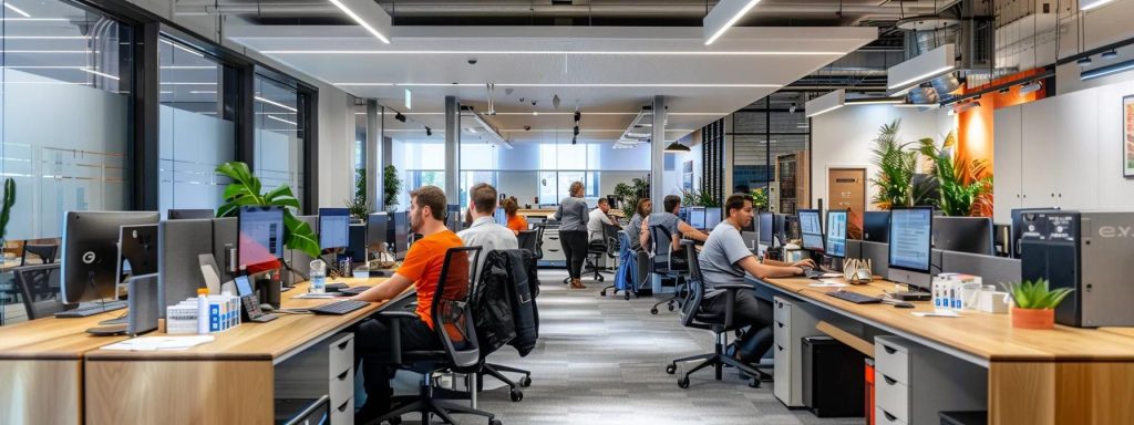 a bustling urban office space showcases sydney commercial plumbing experts in action, with skilled technicians efficiently diagnosing and fixing intricate piping systems amid modern workstations and industrial equipment.