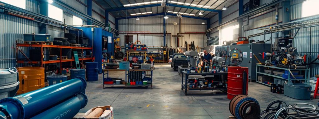 a dynamic industrial plumbing workshop at clearwater plumbing & civil in menangle park, showcasing skilled professionals surrounded by gleaming tools and advanced machinery in a modern, well-organised environment, exuding expertise and efficiency.