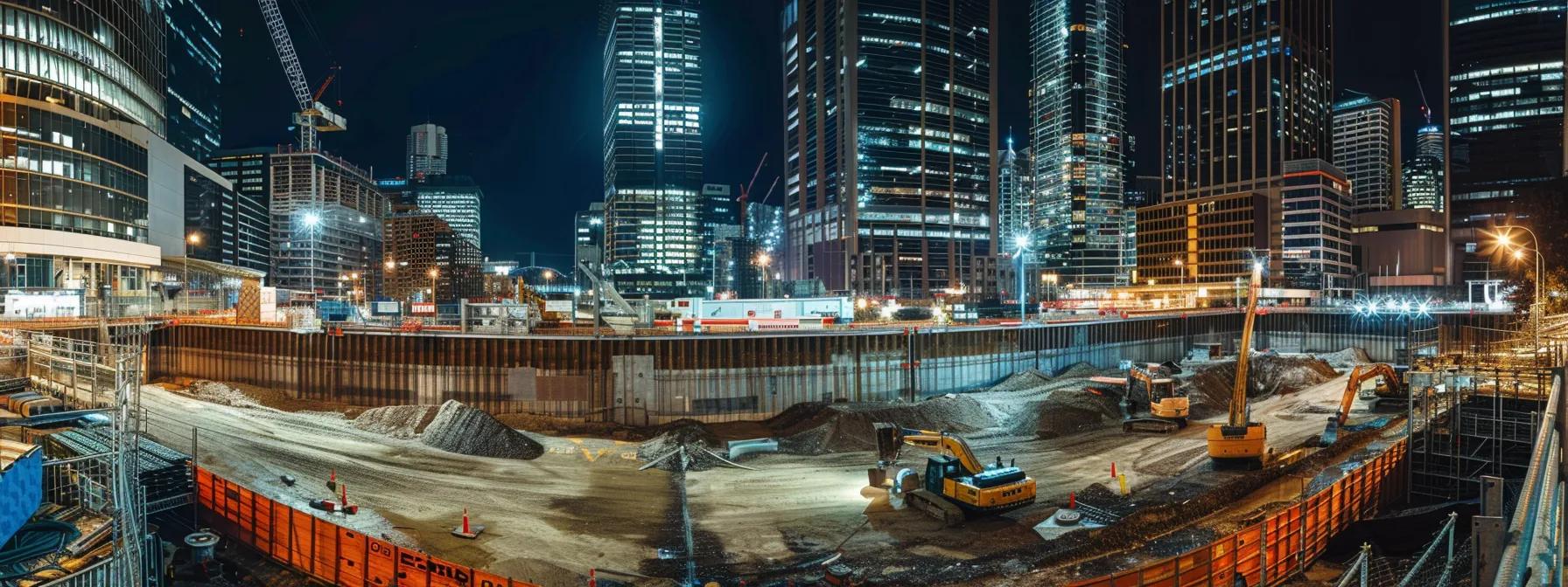 Urban construction site at night featuring heavy machinery, illuminated skyscrapers, and excavation areas related to stormwater management projects in Sydney.