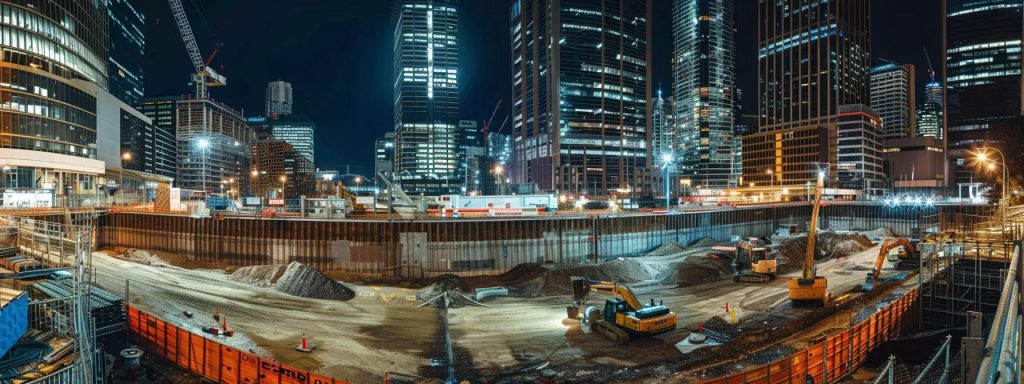 a dynamic urban construction site in sydney, showcasing skilled professionals diligently working on complex stormwater easement installations amidst a backdrop of modern city architecture, illuminated by bright artificial lights.