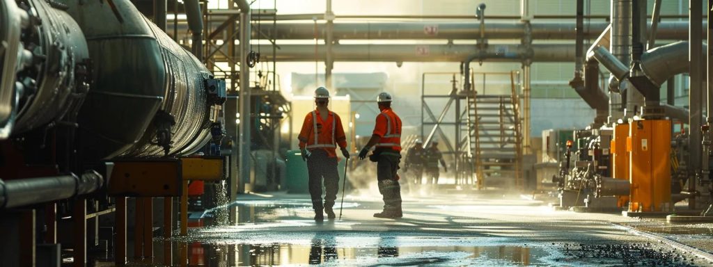 a dynamic urban plumbing team in action, expertly navigating high-tech equipment and machinery in an industrial sydney setting, showcasing their commitment to excellence in service across the menangle park and northern beaches regions.
