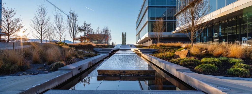a futuristic urban landscape showcases advanced stormwater infrastructure, featuring sleek, sustainable drainage systems seamlessly integrated into modern residential properties, under a clear blue sky.